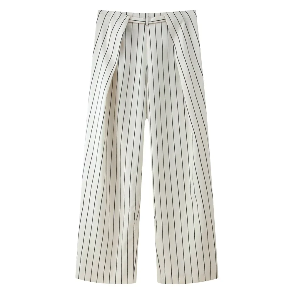 2026 new women's clothing asymmetrical hem round neck fluffy sleeve striped shirt mid waist striped pleated pants