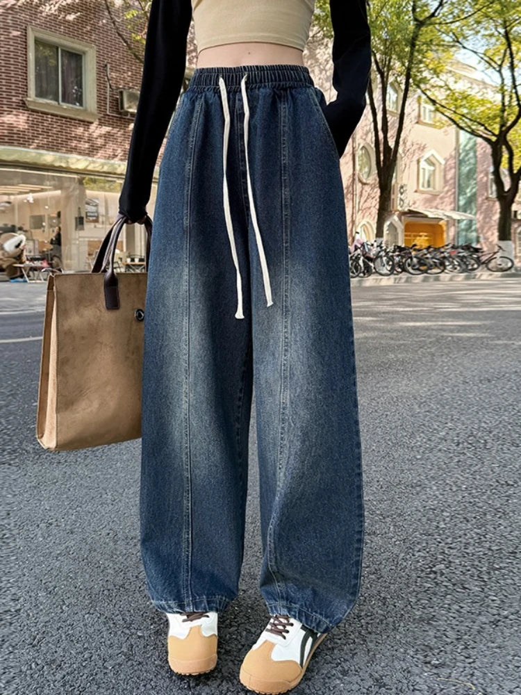 Spring Summer Women Jeans European Style High Waist Slimming Loose Straight Floor Length Harem Wide Leg Trousers Sickle Pants﻿