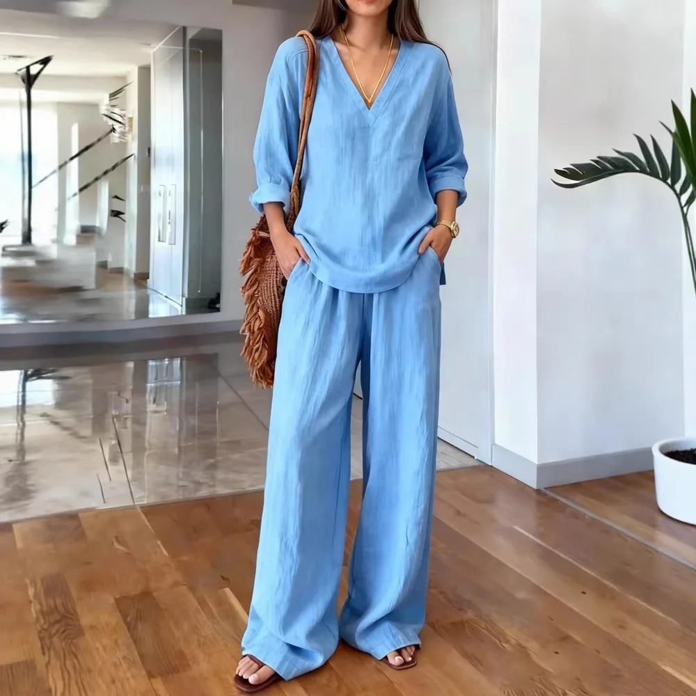 Casual Cotton Pants Sets Women Summer 2026 Fashion Long Sleeve V-neck Loose Tops 2 Piece Set Woman Outfits Elegant