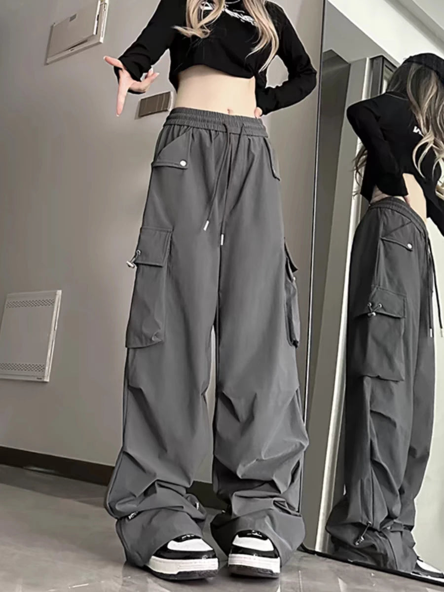 2024 American style large pocket cargo pants women's spring summer new style wide leg pants loose slimming casual sports pants