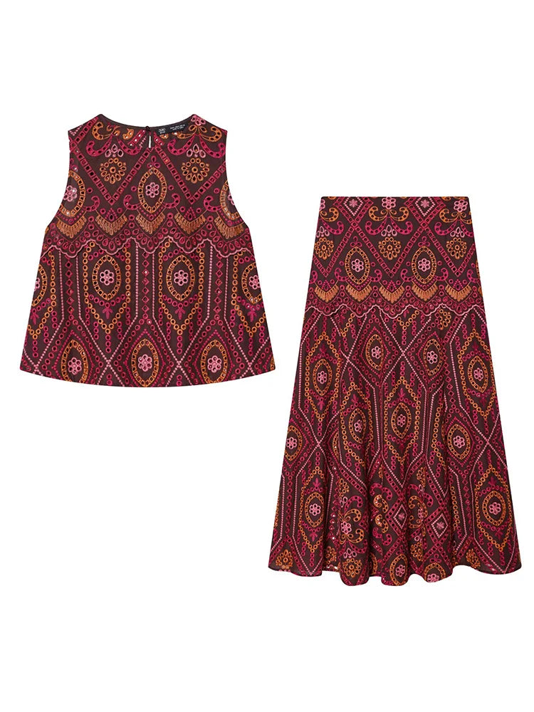 HH Woman Fashion O-Neck Embroidery Hollow Sleeveless Short Tops+Side Zipper Pleated Midi Skirt Casual Printed Spring 2 Piece Set