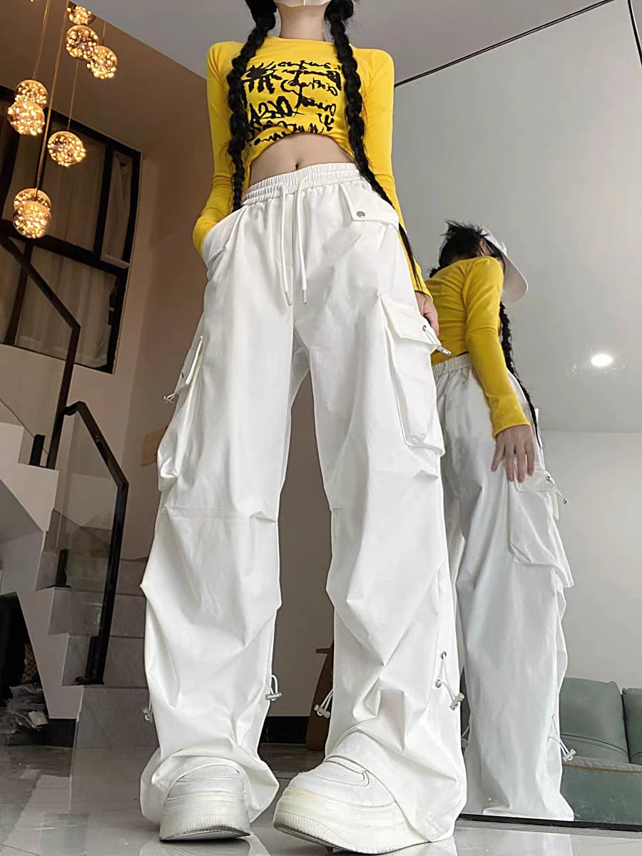 2024 American style large pocket cargo pants women's spring summer new style wide leg pants loose slimming casual sports pants