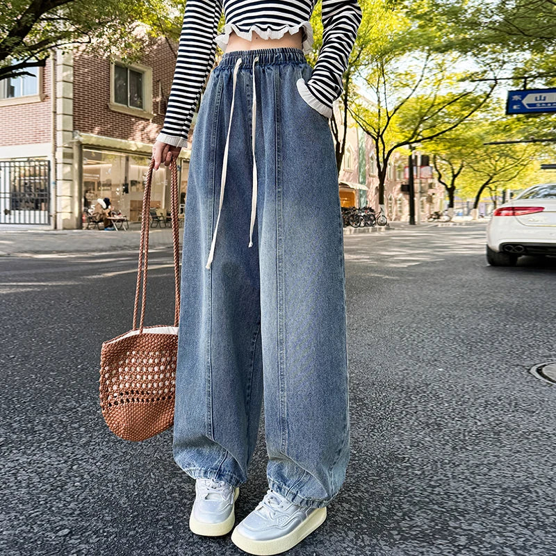 Spring Summer Women Jeans European Style High Waist Slimming Loose Straight Floor Length Harem Wide Leg Trousers Sickle Pants﻿