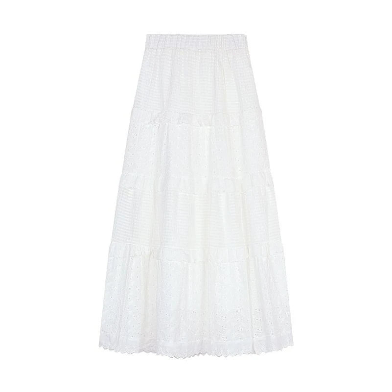 Spring Summer New Women Skirts Vintage High Waist Elastic Patchwork White Black Chic Long Cake A-line Skirt