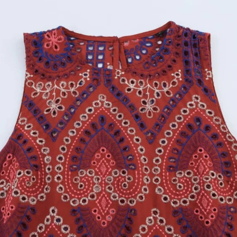 Women’s Summer Exotic Style Sleeveless Set Symmetric Pattern Ruffle Top Matching Pleated Skirt Comfortable Outfit Limited Stock