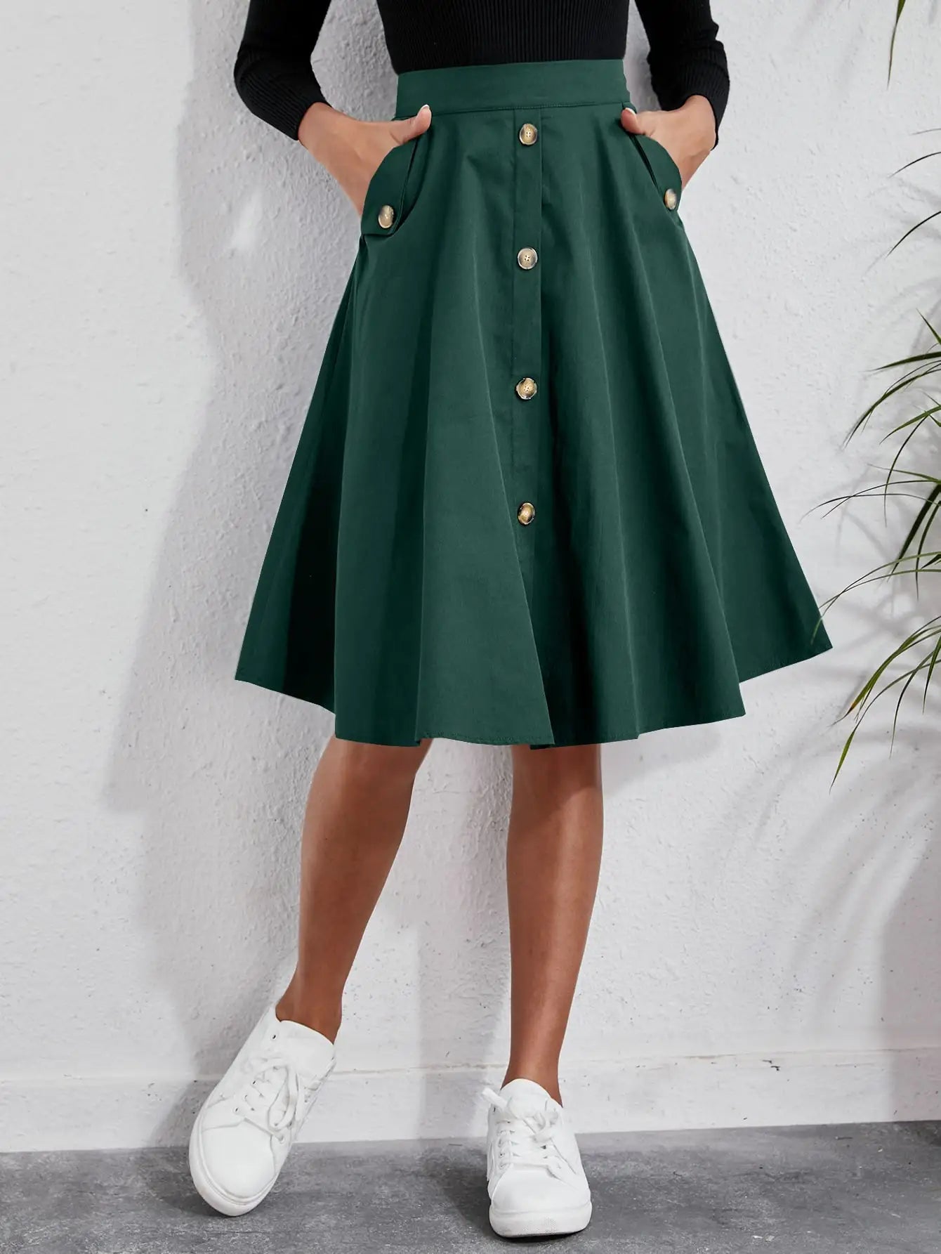 Chic Women's Dark Green Flared Midi Skirt Metal Button Detail With Pockets Versatile Casual Office Daily Wear Skirt