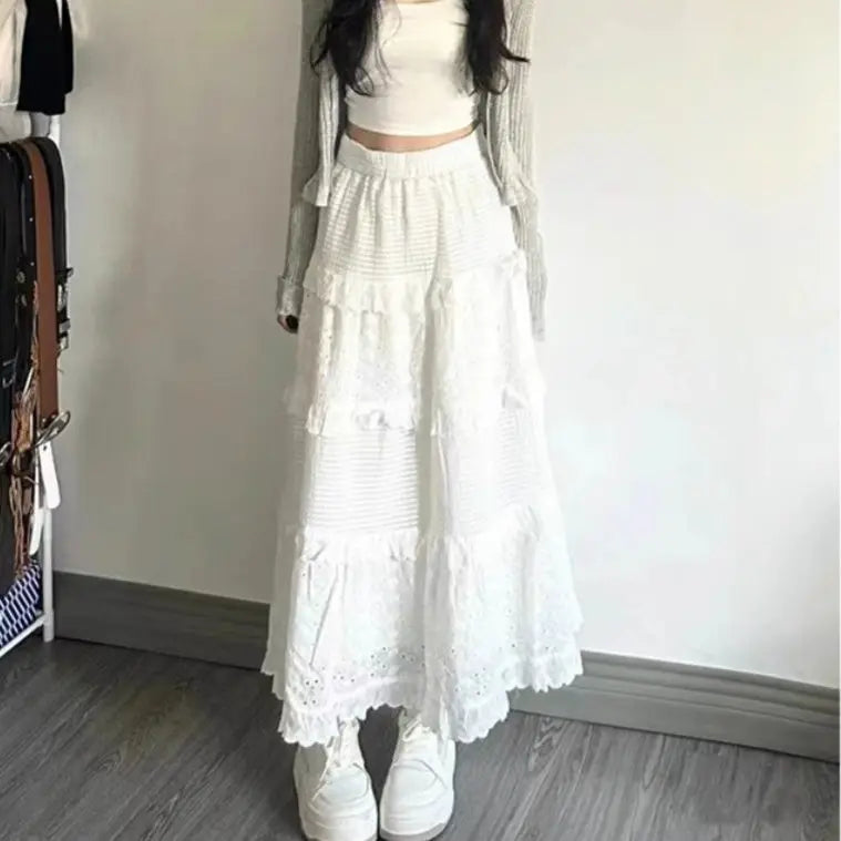 Spring Summer New Women Skirts Vintage High Waist Elastic Patchwork White Black Chic Long Cake A-line Skirt
