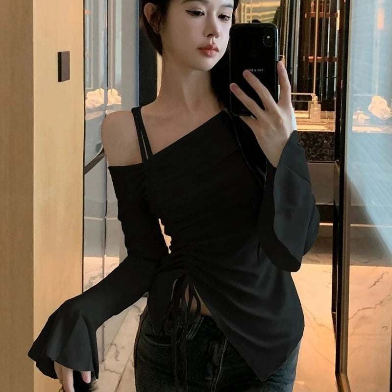 Spring Autumn Cotton Flare Sleeve T Shirts Women Solid Bodycone Basic Long Sleeve Crop Tops Casual Shirring Off-shoulder Tees