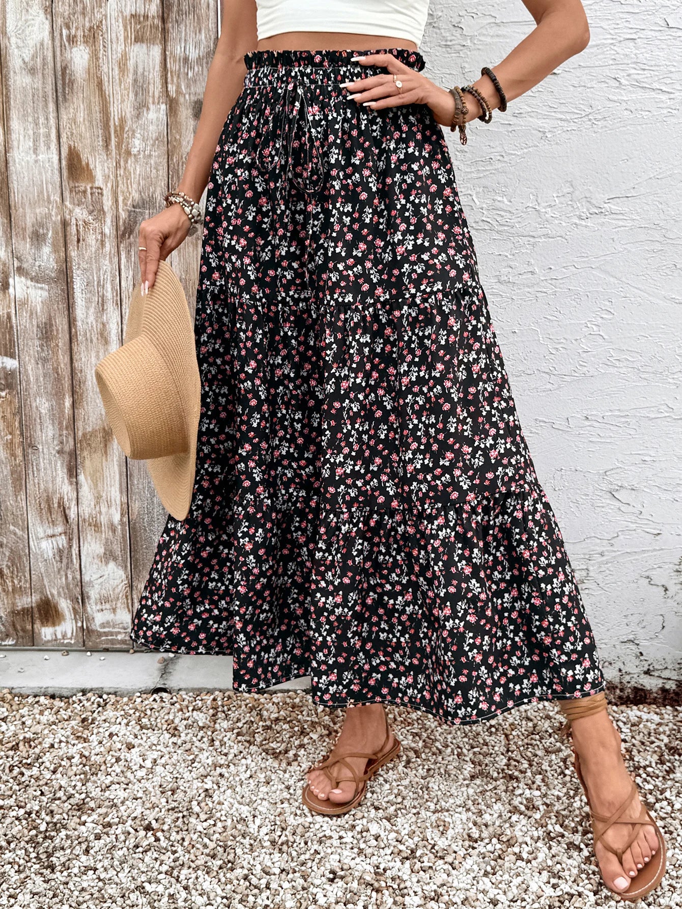 Women's High Waisted Slimming Midi Skirt Ditsy Floral a Line Skirt with Elastic Waist Perfect for Boho Style Outfits