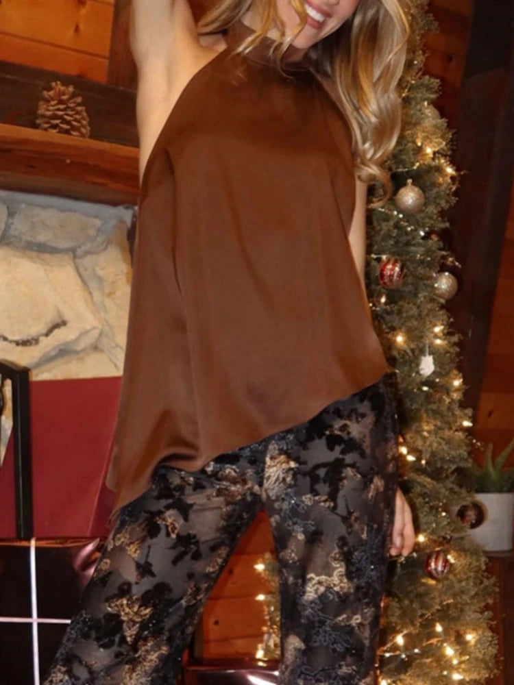 Women's Summer Retro Satin Asymmetrical Camisole Top Sleeveless Backless Camisole With Tie Loose And Elegant Beach Camisole