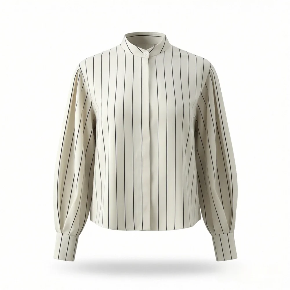 2026 new women's clothing asymmetrical hem round neck fluffy sleeve striped shirt mid waist striped pleated pants