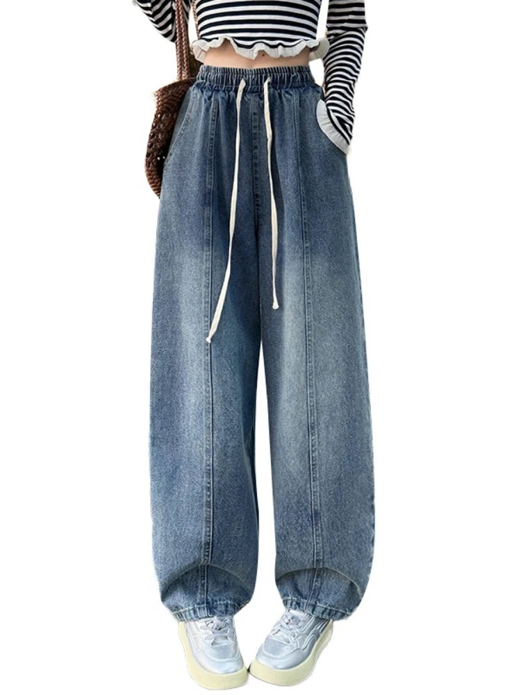 Spring Summer Women Jeans European Style High Waist Slimming Loose Straight Floor Length Harem Wide Leg Trousers Sickle Pants﻿