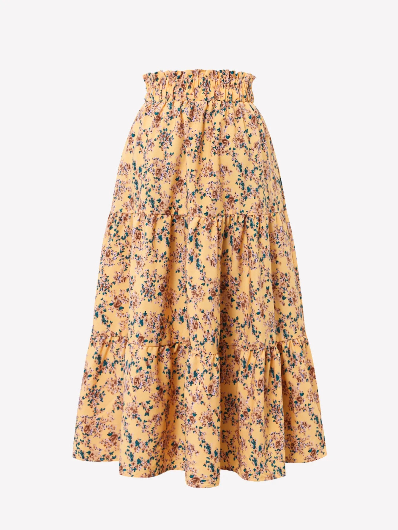 Women's High Waist Floral Print A-Line Midi Skirt - Boho Flowy Ruffle Hem Skirt for All Occasions