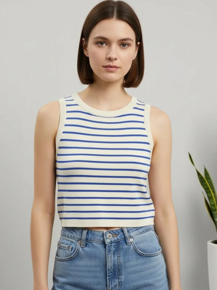 2026 Spring Summer Sleeveless Knitted T-Shirts Striped Women Tank Tops Crop Tops Female Elastic Slim Casual Vests Pullover Camis